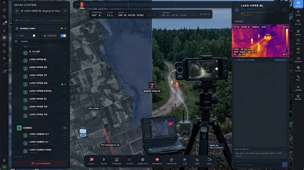 Thermal-surveillance visualization showing a field phone, its ground location and thermal imagery in the ESTAK web dashboard.